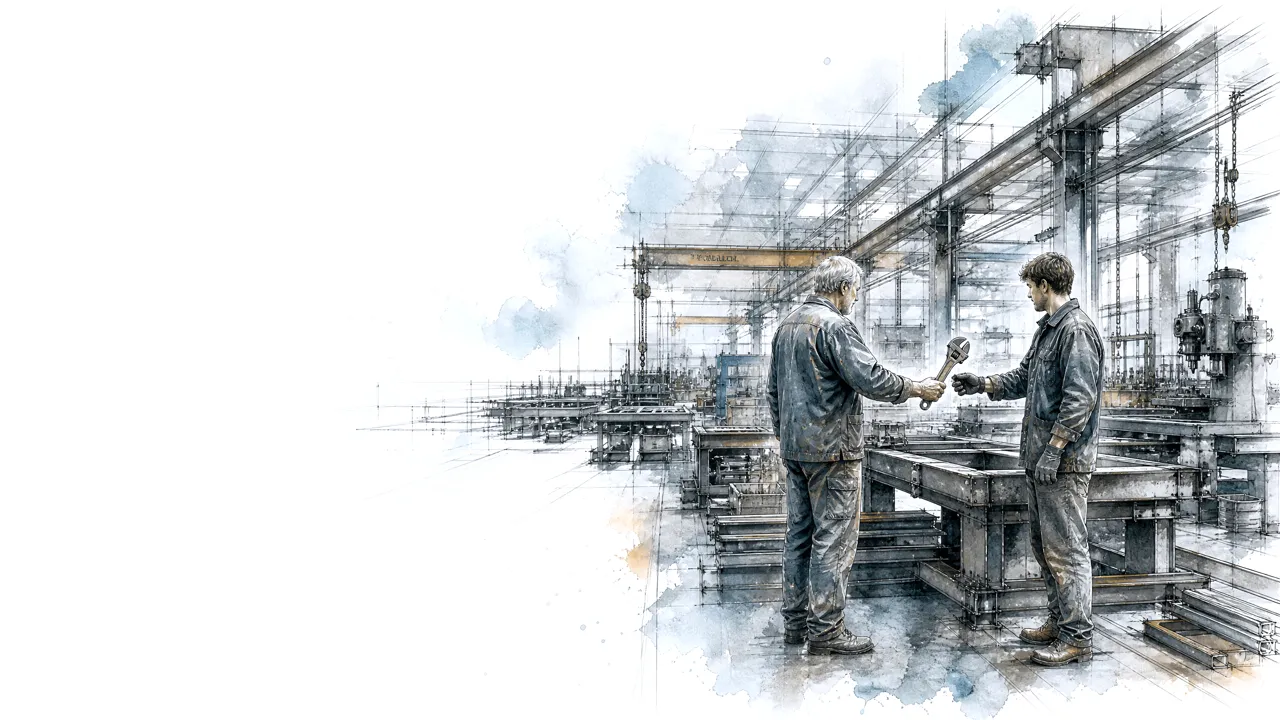 Ink and wash drawing of an older tradesman handing a wrench to a younger one on a fabrication floor.
