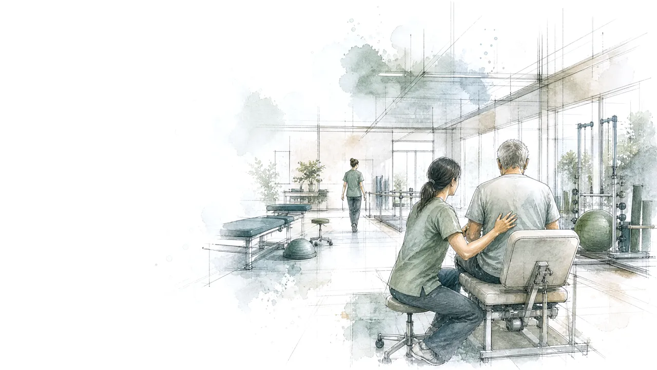 Ink and wash drawing of a physiotherapy clinic: a therapist working with a patient, a colleague walking through.