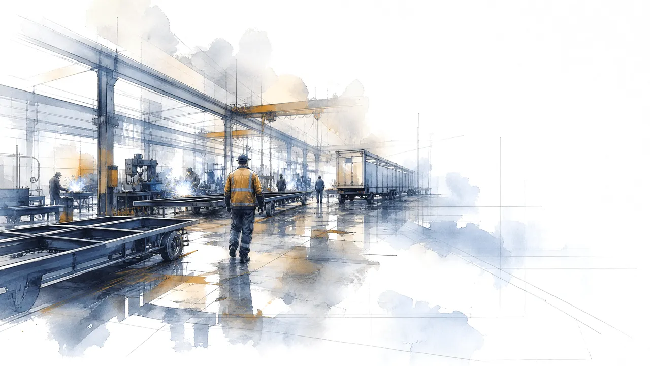 Ink and watercolour drawing of a truck-body fabrication shop: a trailer chassis in the foreground, welders under a gantry crane, a line of finished bodies, and an operator walking onto the floor.