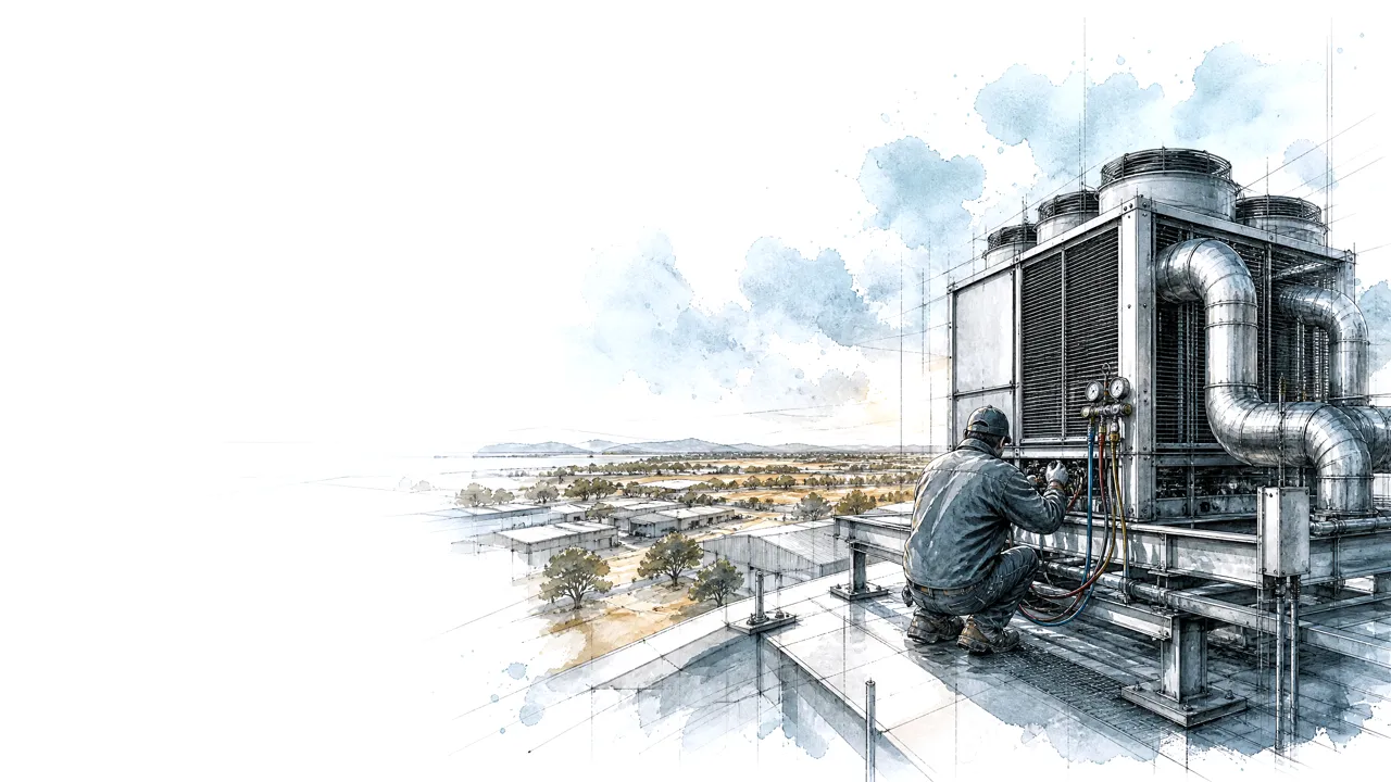 Ink and wash drawing of a technician servicing a rooftop chiller above an industrial estate.