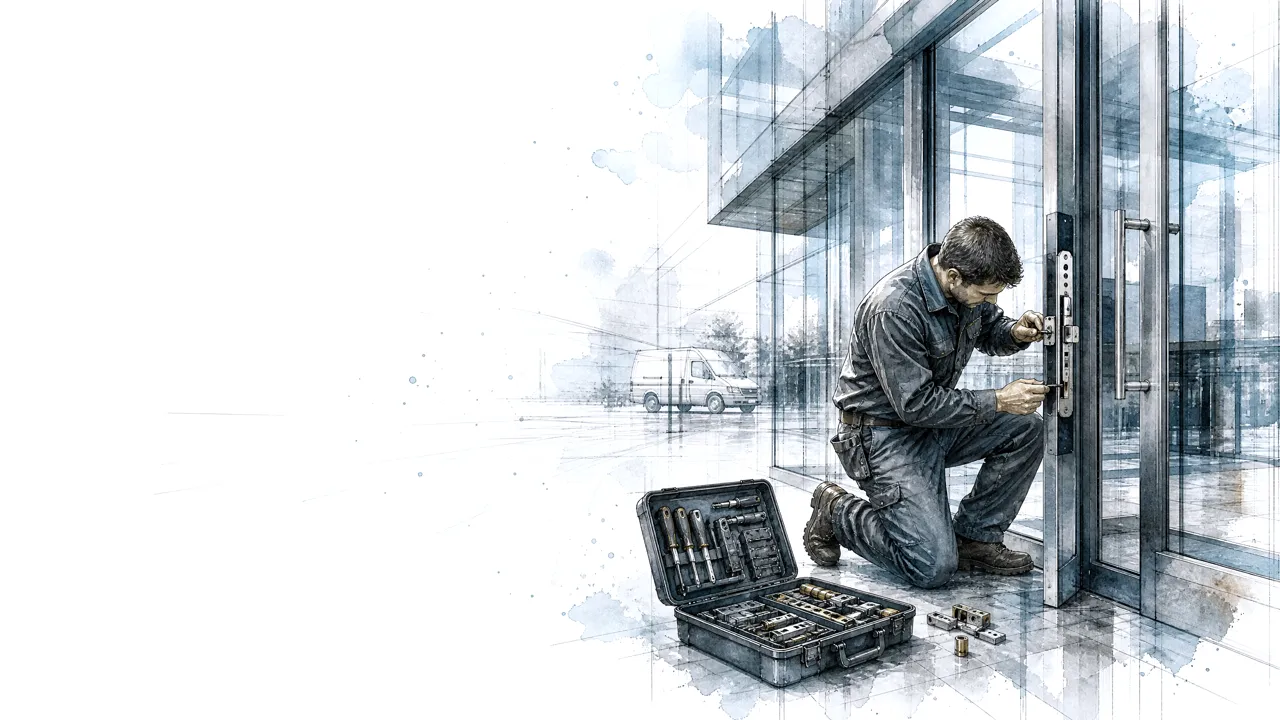 Ink and wash drawing of a locksmith fitting a lock to a glass commercial door, van parked behind.