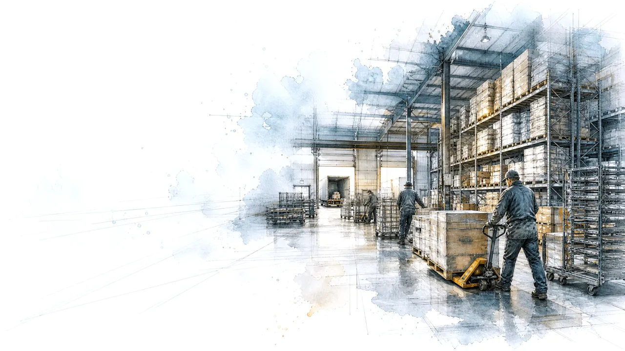 Ink and wash drawing of a warehouse: pallet jacks, racking, a truck backed onto the dock.